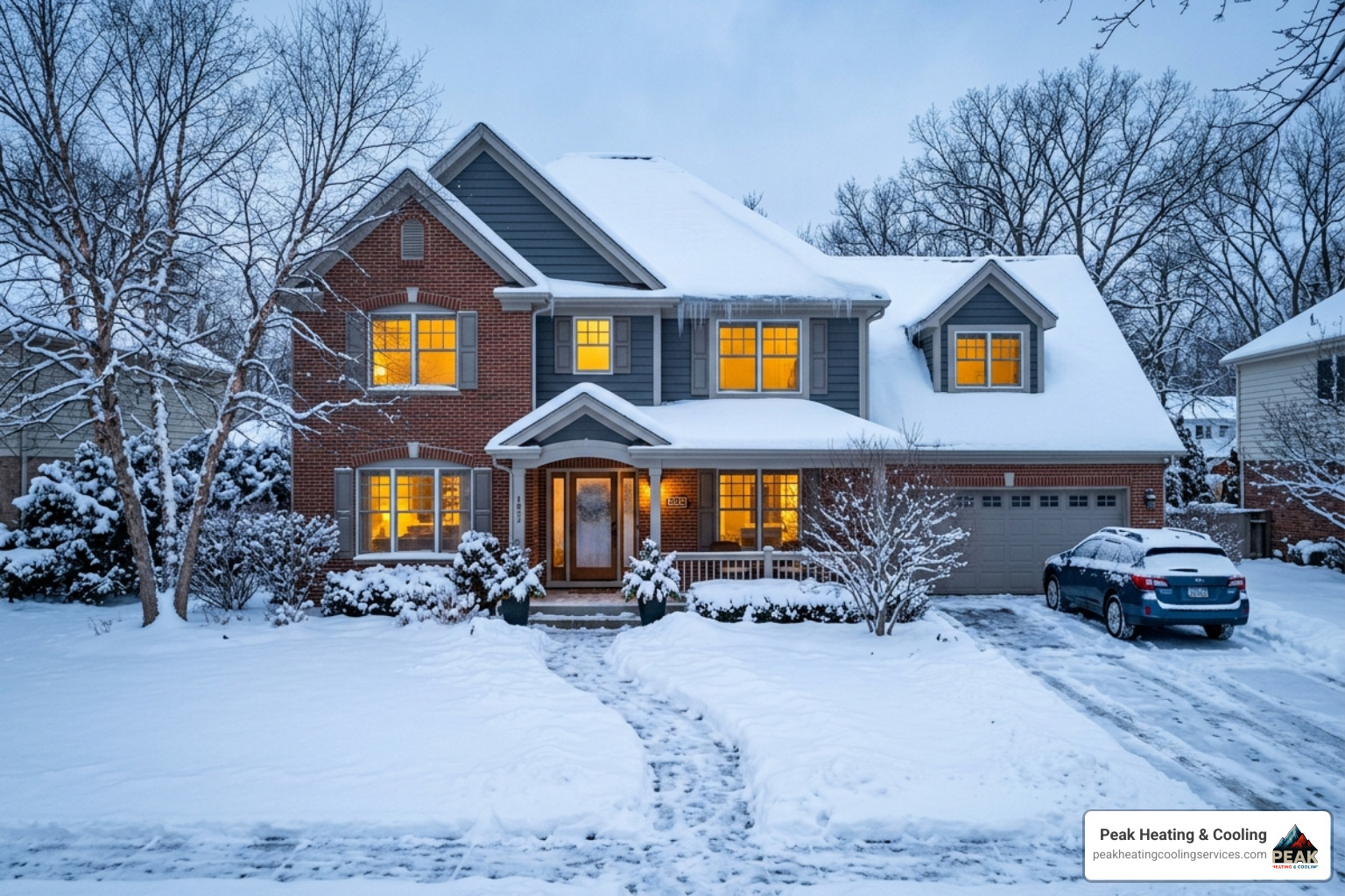 A suburban home in Northbrook covered in heavy snow with warm light glowing from the windows - furnace repair after hours