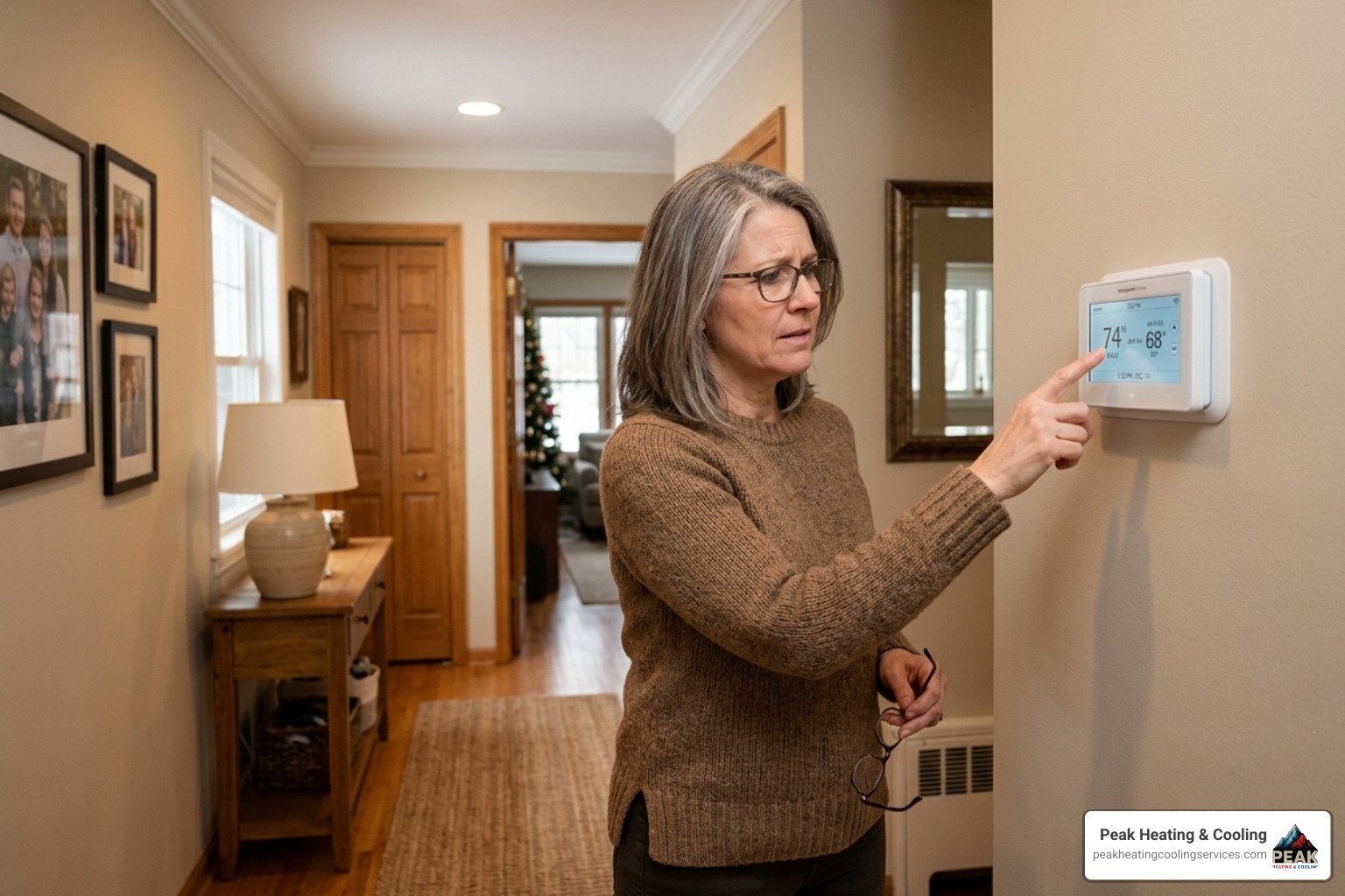 Homeowner in a warm sweater checking a digital thermostat on a hallway wall - furnace repair after hours