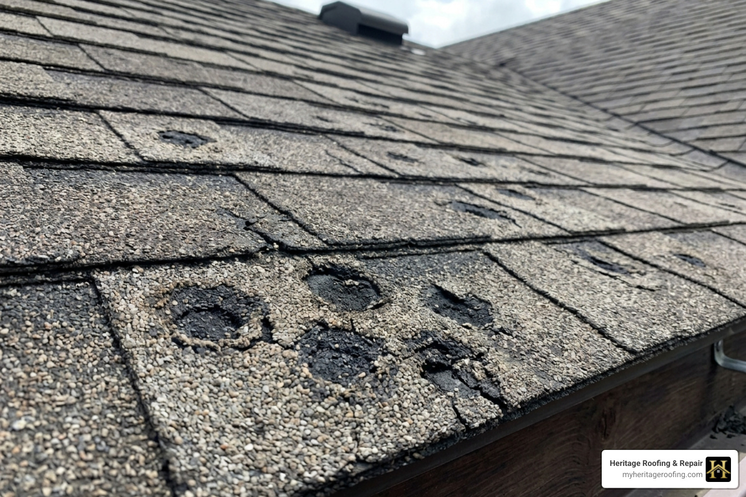 Hail-damaged shingles with granule loss and impact points - Storm damage repair NWA