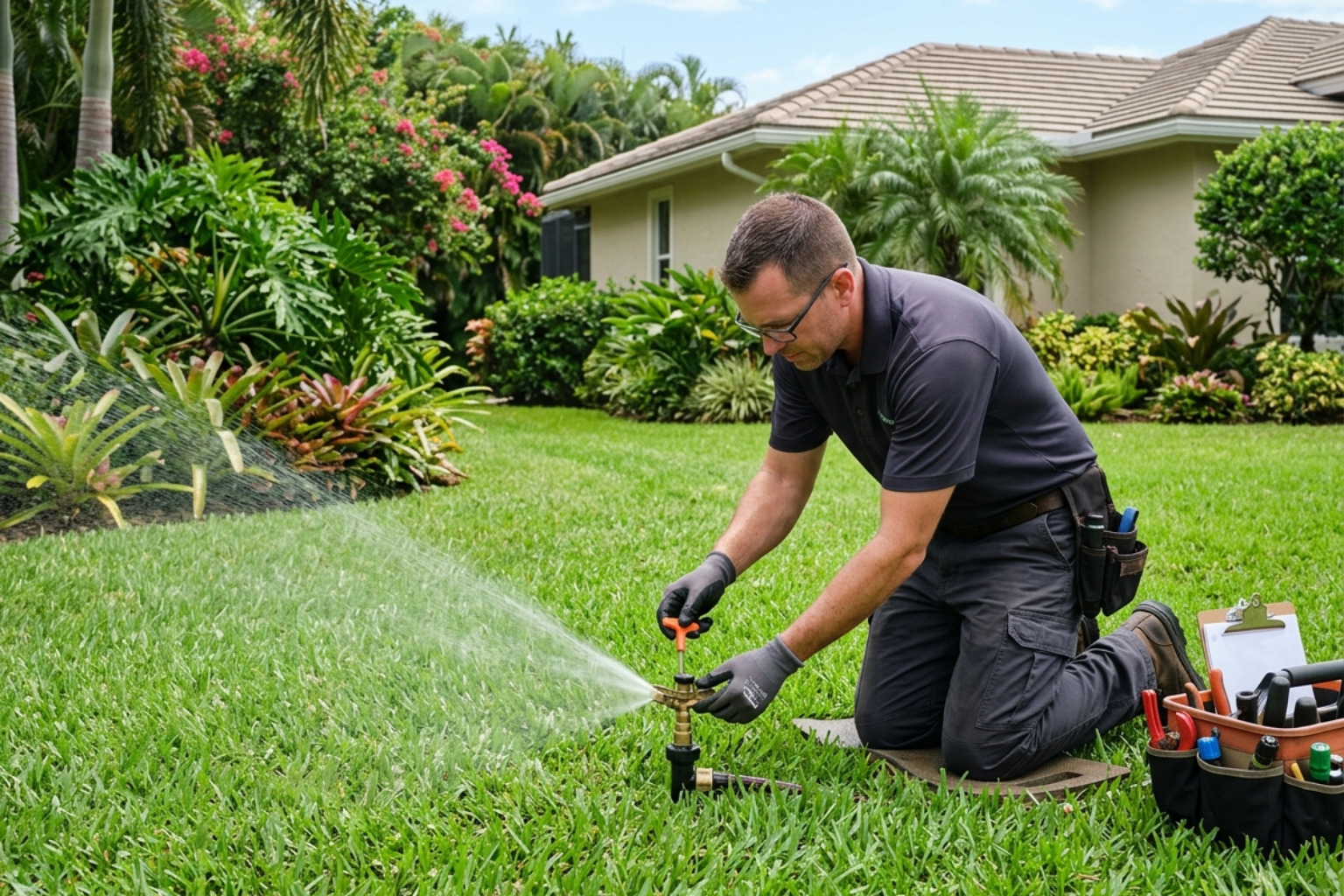 Technician inspecting a sprinkler head for proper water flow and alignment - best irrigation companies near me