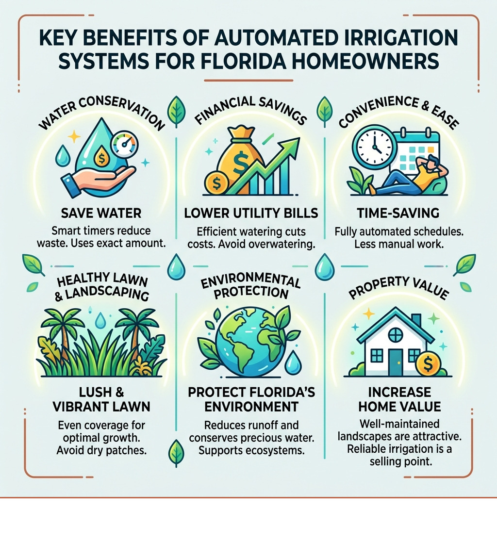 Infographic showing key benefits of automated irrigation systems for Florida homeowners - best irrigation companies near me