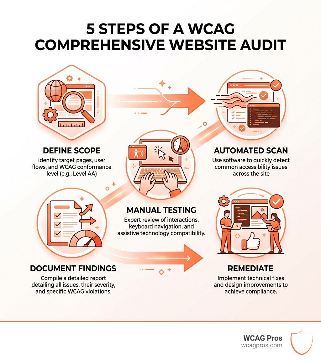 Infographic showing 5 steps of a WCAG audit: define scope, automated scan, manual testing, document findings, remediate Infographic showing 5 steps of a WCAG audit: define scope, automated scan, manual testing, document findings, remediate