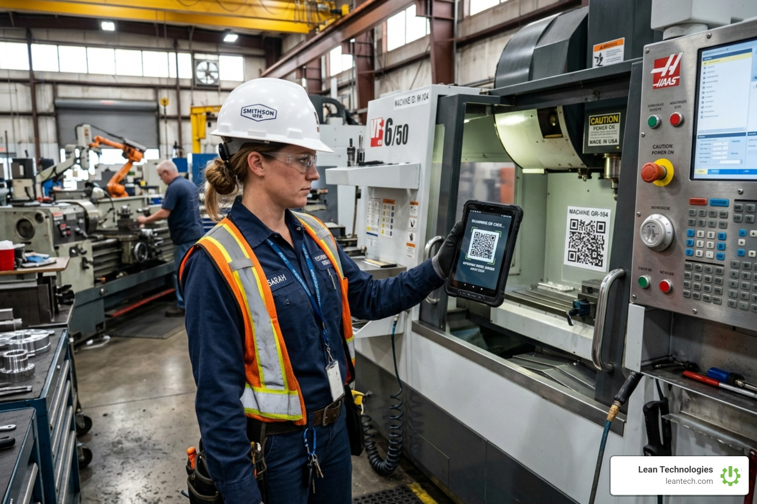 Technician scanning a QR code on a machine to open a work order - digital work order system Technician scanning a QR code on a machine to open a work order - digital work order system