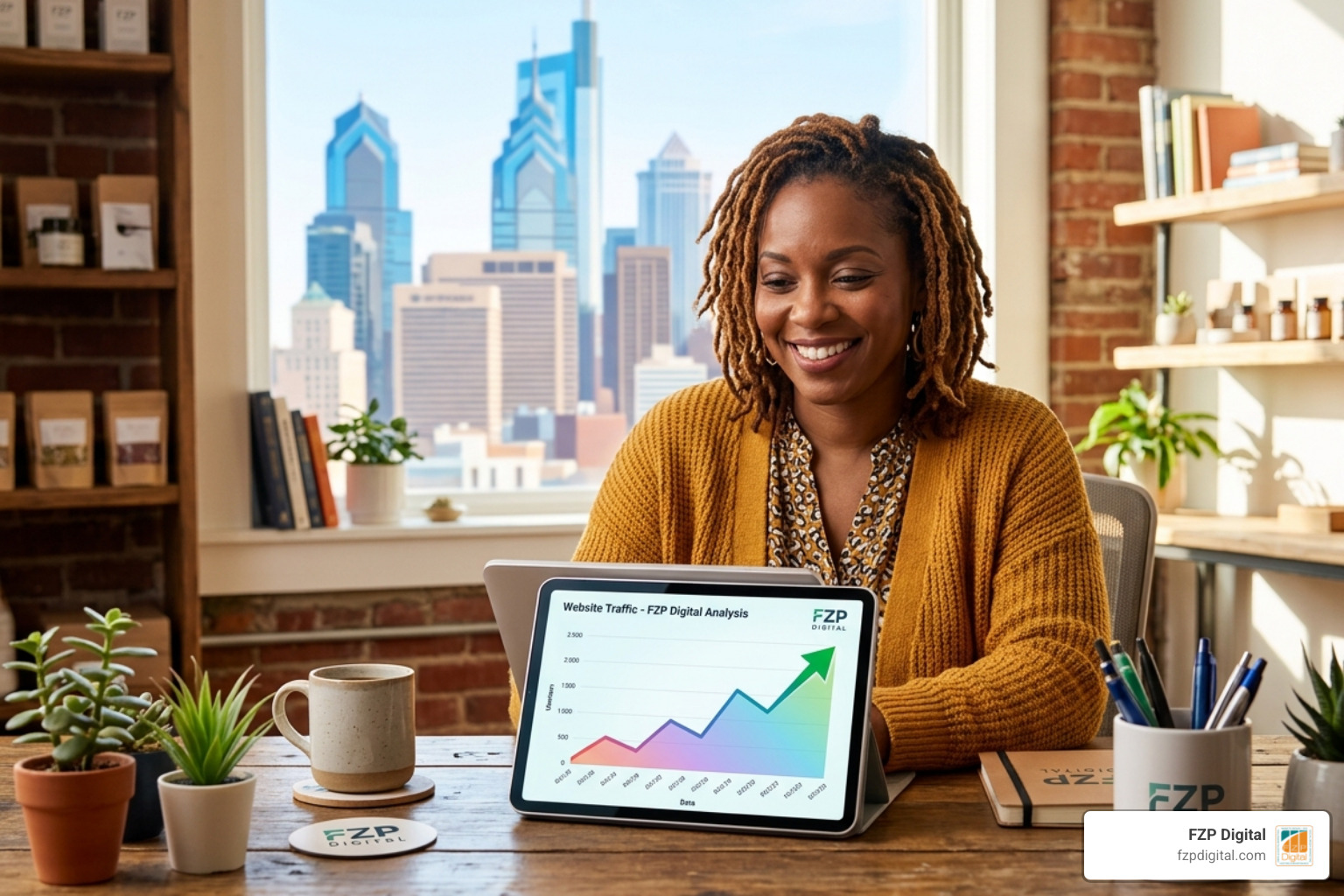 Small business owner smiling at a growing website traffic chart - cheap seo optimization Small business owner smiling at a growing website traffic chart - cheap seo optimization