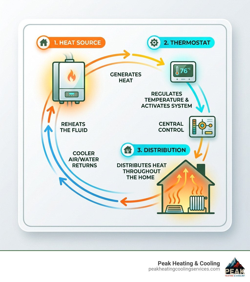 Central heating cycle infographic: heat source to thermostat to distribution and back - installation of central heating