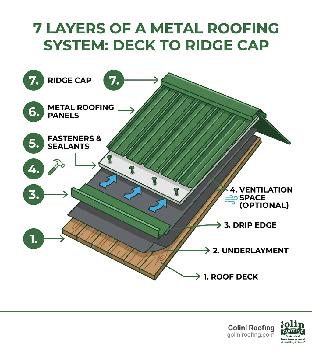 Infographic showing the 7 layers of a metal roofing system from deck to ridge cap - metal roof installation process