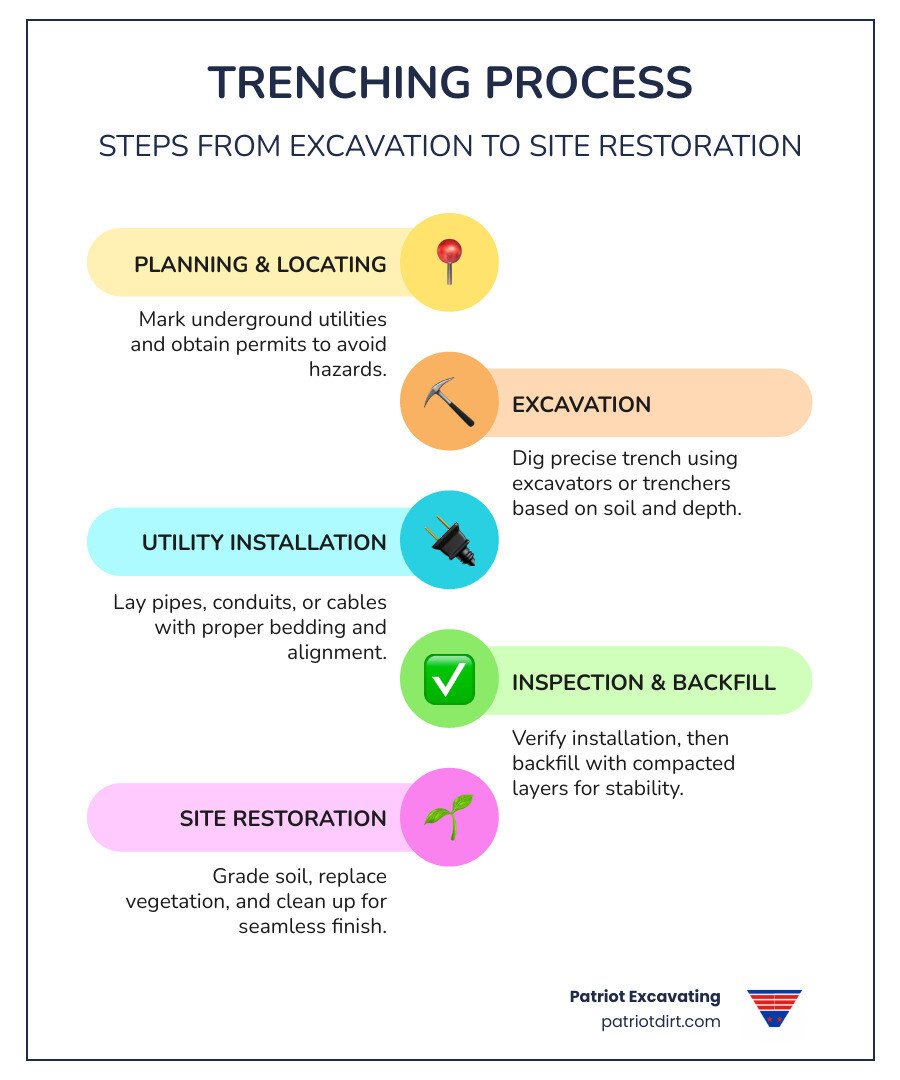 Steps in the trenching and backfilling process from excavation to site restoration - trenching companies infographic Steps in the trenching and backfilling process from excavation to site restoration - trenching companies infographic