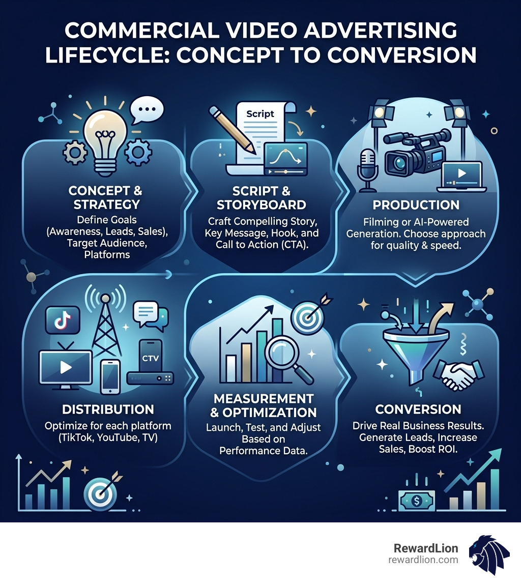 Commercial video advertising lifecycle from concept to conversion infographic - commercial video advertising infographic 