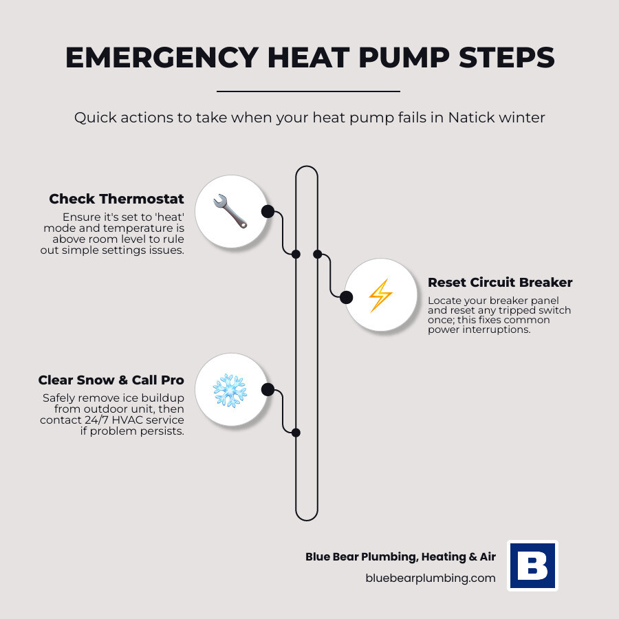 Infographic showing emergency steps for heat pump failure in Natick MA winter - heat pump repair emergency in natick, ma