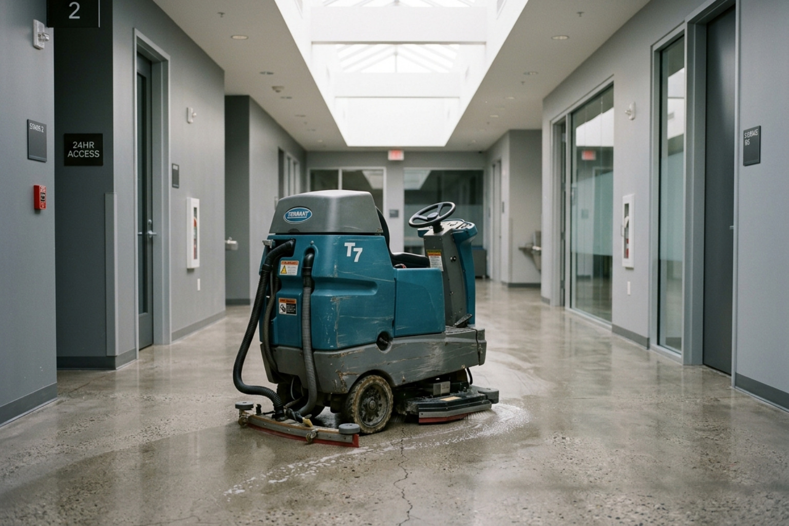 professional floor scrubbing machine in a hallway for disinfection - overnight office cleaning