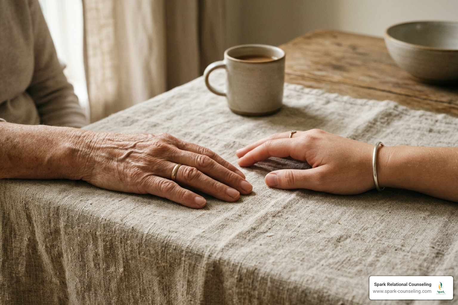 Close-up of two people's hands resting near each other on a linen surface, symbolizing quiet presence - How mindfulness Close-up of two people's hands resting near each other on a linen surface, symbolizing quiet presence - How mindfulness