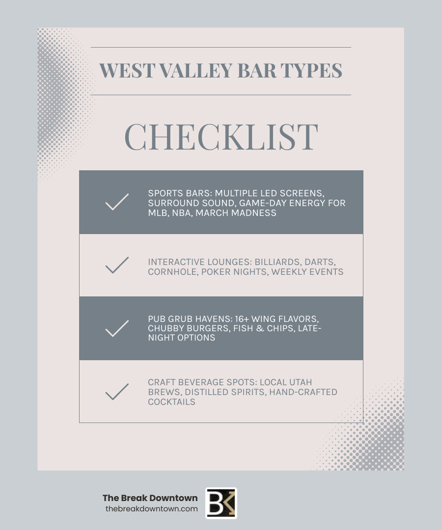 Infographic showing types of bars in West Valley City Utah with features, hours, and highlights - bars in west valley city Infographic showing types of bars in West Valley City Utah with features, hours, and highlights - bars in west valley city