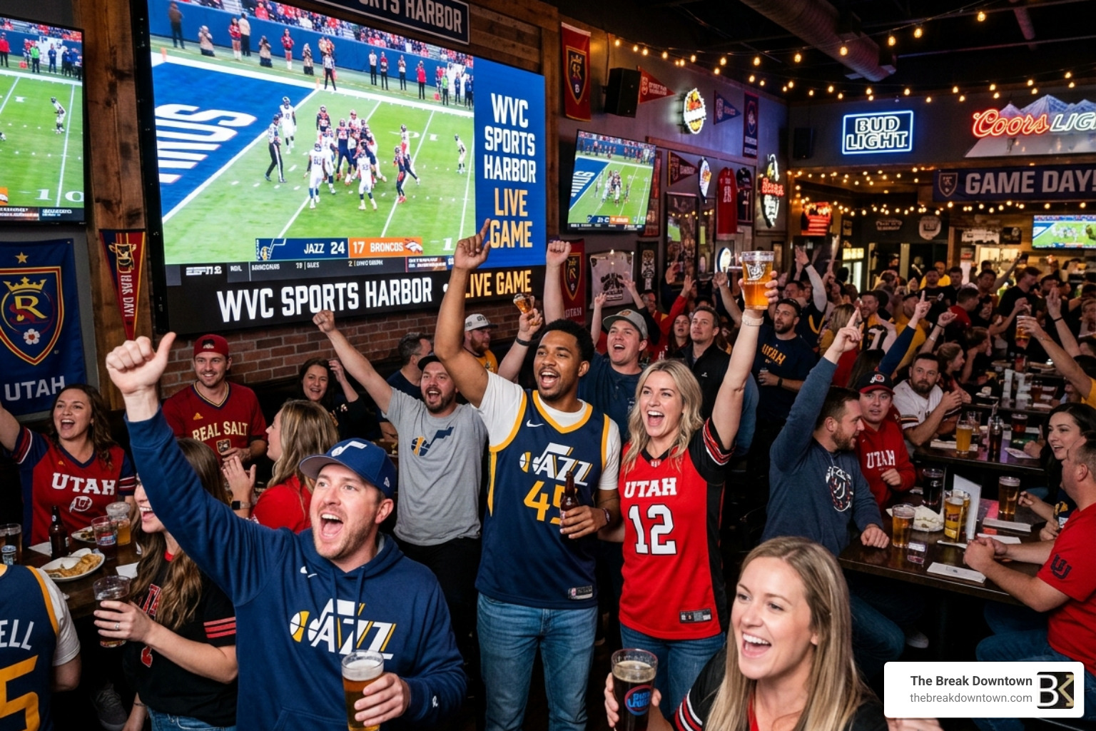 Fans cheering in front of massive LED screens at a West Valley sports bar - bars in west valley city utah Fans cheering in front of massive LED screens at a West Valley sports bar - bars in west valley city utah