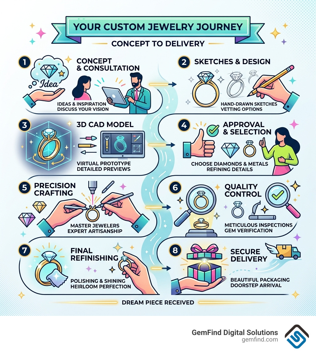 Custom jewelry design journey infographic showing steps from concept to delivery - custom jewelry websites infographic 
