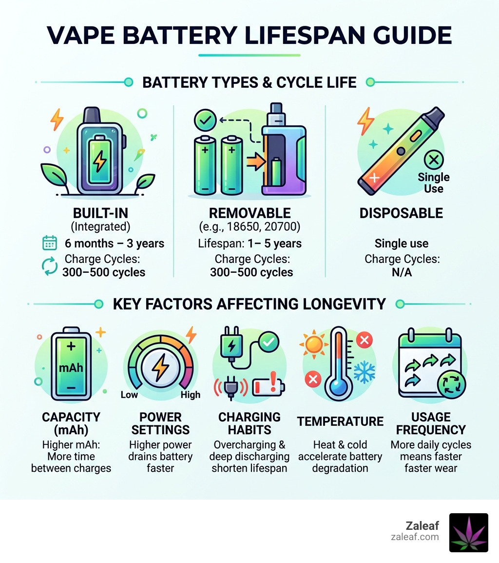 Infographic showing vape battery lifespan by type, charge cycles, and key factors affecting longevity - vape battery
