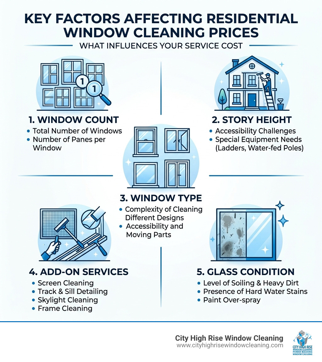 Infographic showing 5 main factors that affect residential window cleaning prices: window count, story height, window type Infographic showing 5 main factors that affect residential window cleaning prices: window count, story height, window type