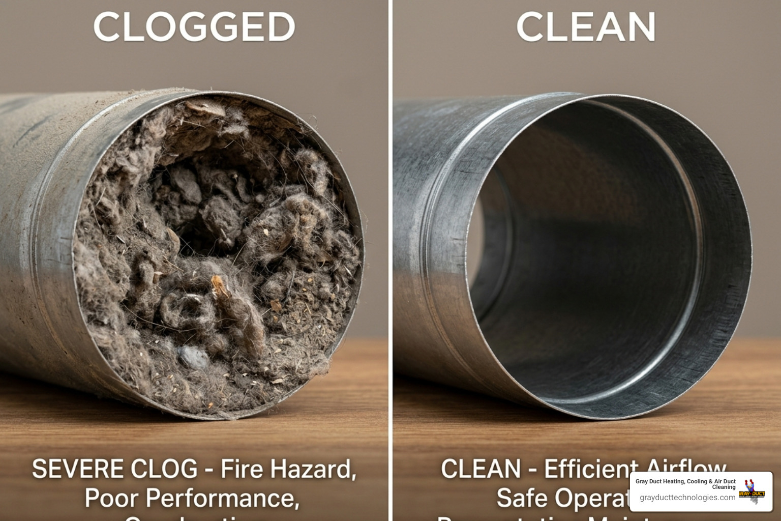 A side-by-side image showing a severely clogged dryer vent on one side and a perfectly clean dryer vent on the other A side-by-side image showing a severely clogged dryer vent on one side and a perfectly clean dryer vent on the other