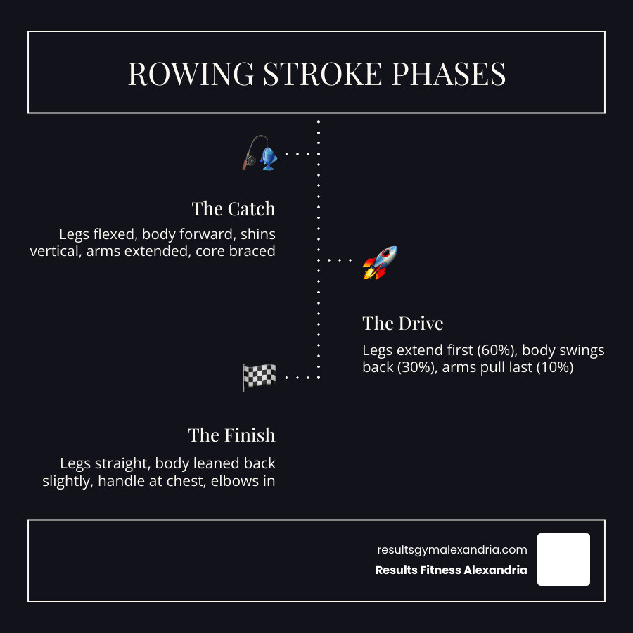 Infographic showing the four phases of a rowing stroke: Catch, Drive, Finish, Recovery with muscle groups and effort