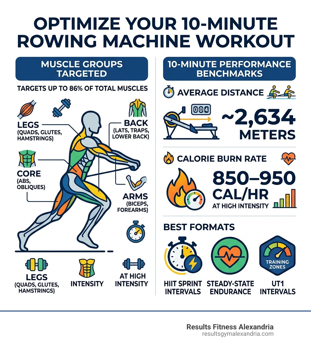 Infographic showing muscle groups targeted by rowing machine workouts and 10-minute performance benchmarks - 10 minute