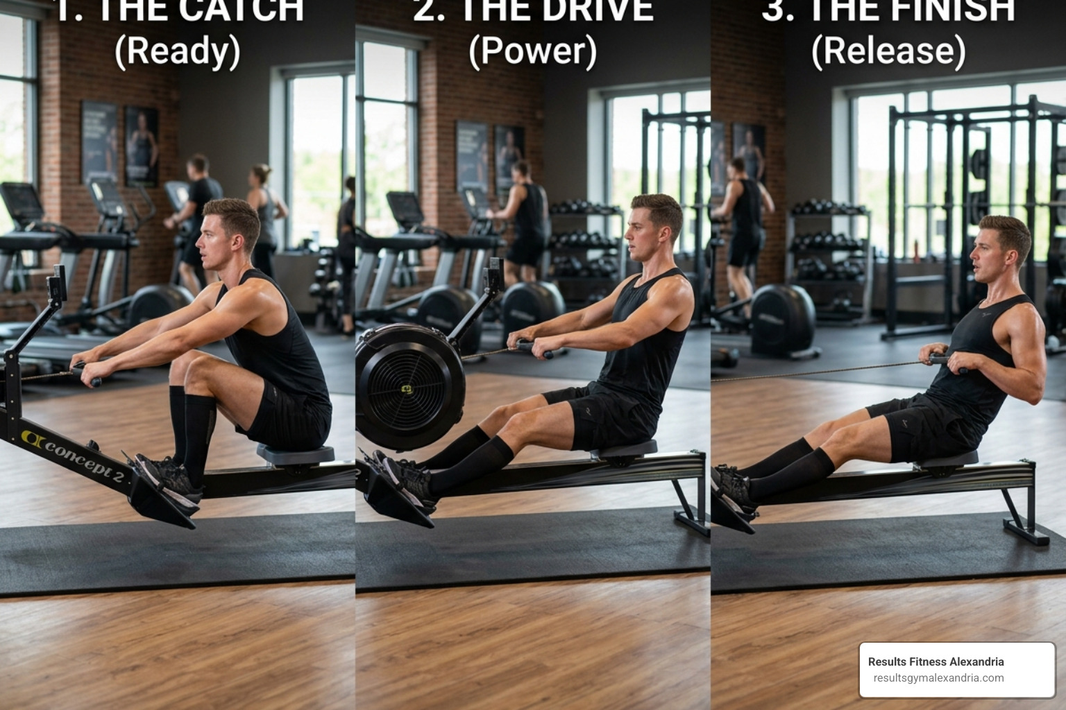 Correct rowing posture showing the catch, drive, and finish positions - 10 minute rowing machine workout