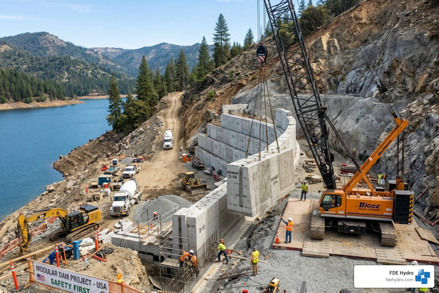 Modular dam construction showing precast segments being placed by a crane - precast concrete pumped storage