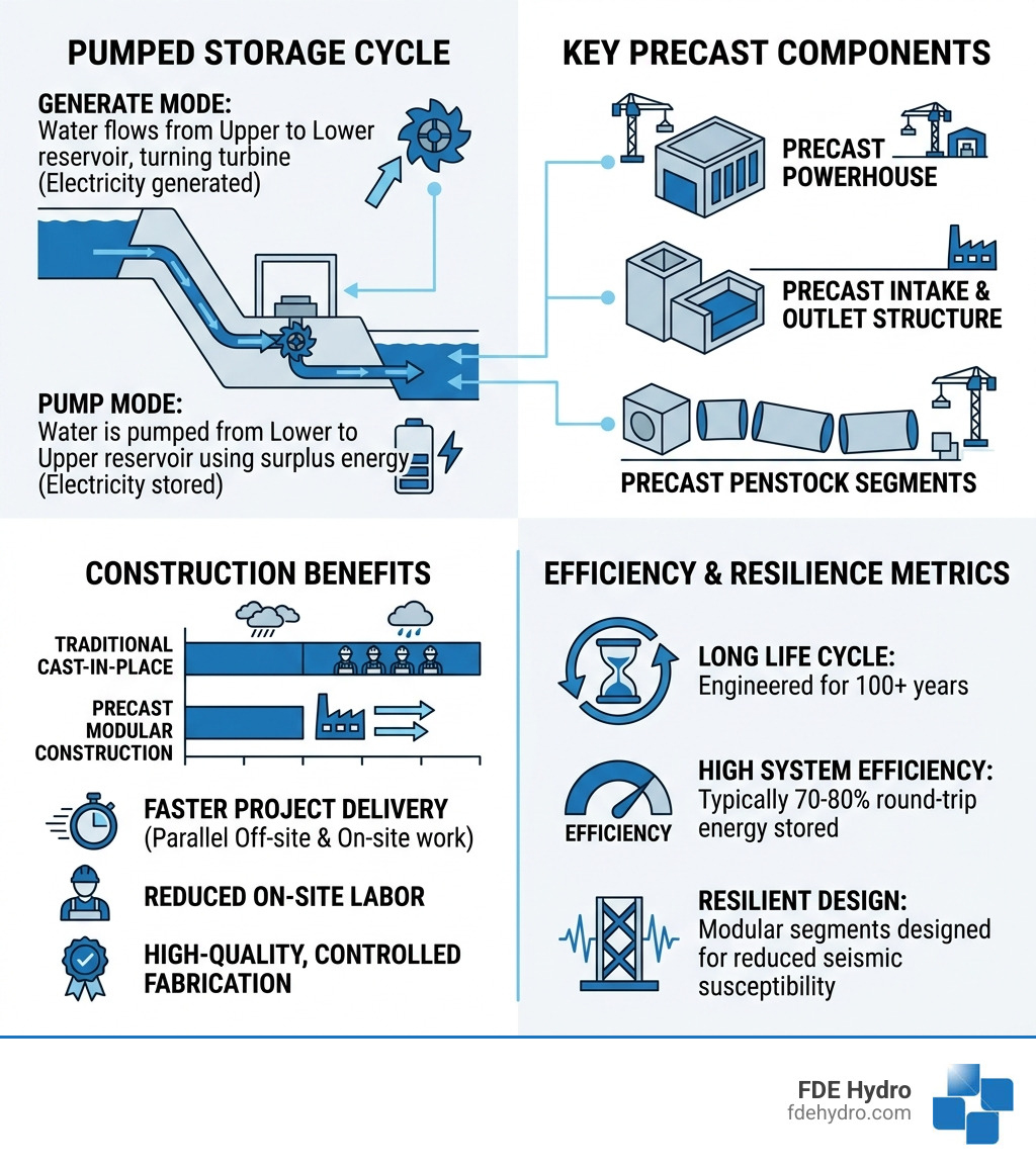 Infographic showing the pumped storage cycle, key precast components, construction benefits, and efficiency metrics