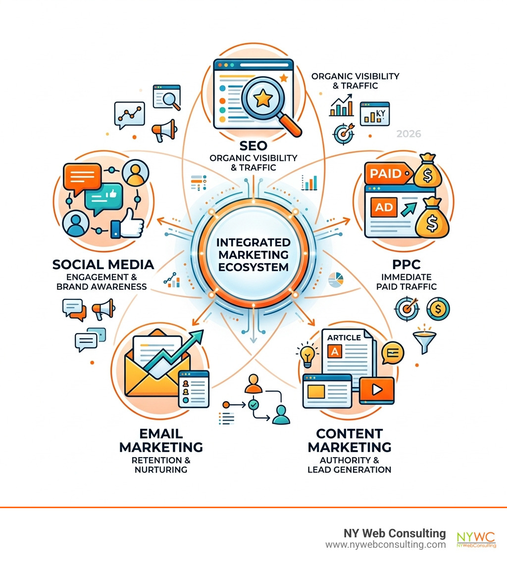 Internet marketing ecosystem infographic showing SEO, PPC, content, email, and social media channels - internet marketing Internet marketing ecosystem infographic showing SEO, PPC, content, email, and social media channels - internet marketing