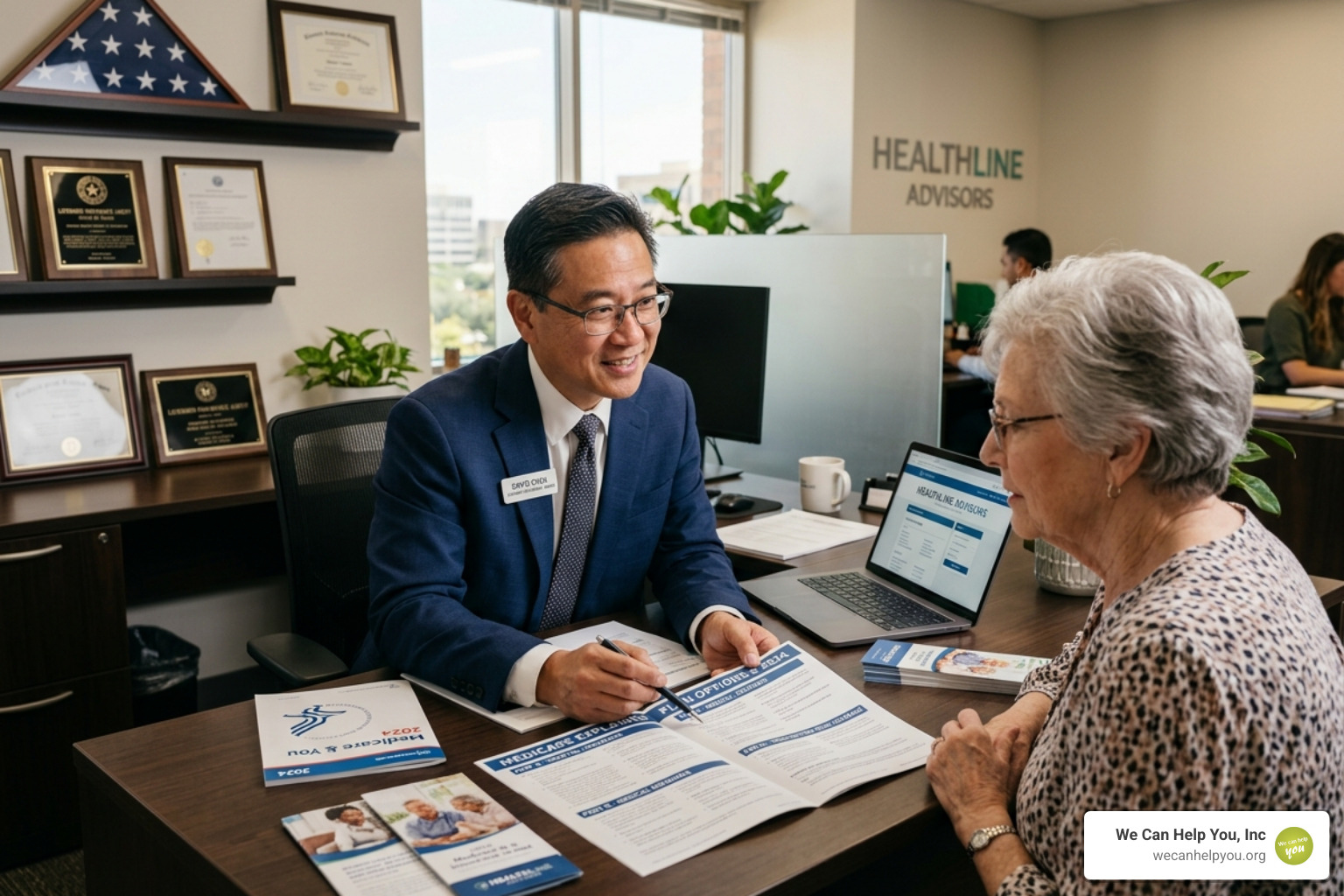 Licensed insurance agent in a professional office setting explaining documents - medicare supplemental insurance agents