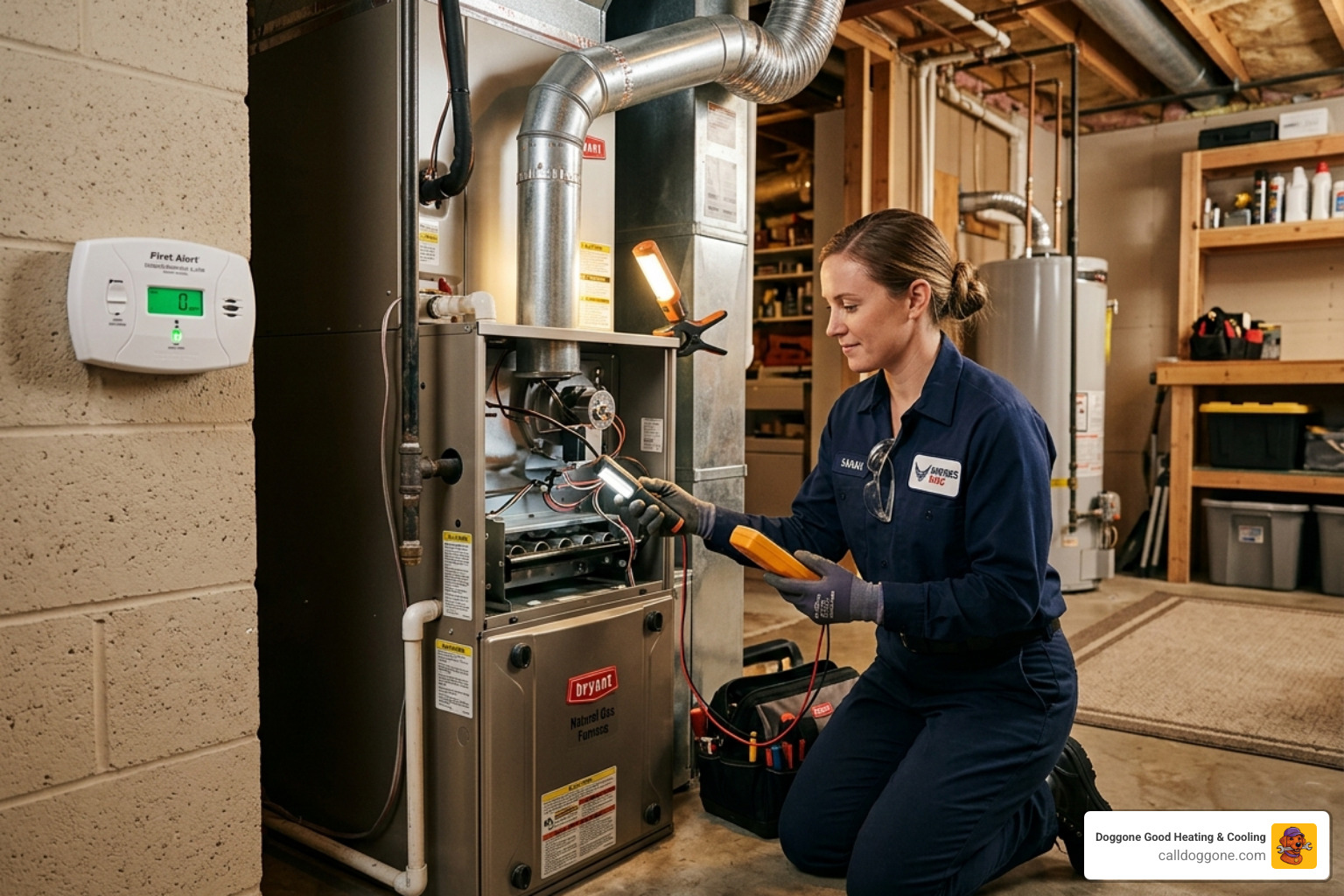 A professional HVAC technician inspecting a furnace, with a CO detector visible nearby - who should i get to work on my A professional HVAC technician inspecting a furnace, with a CO detector visible nearby - who should i get to work on my