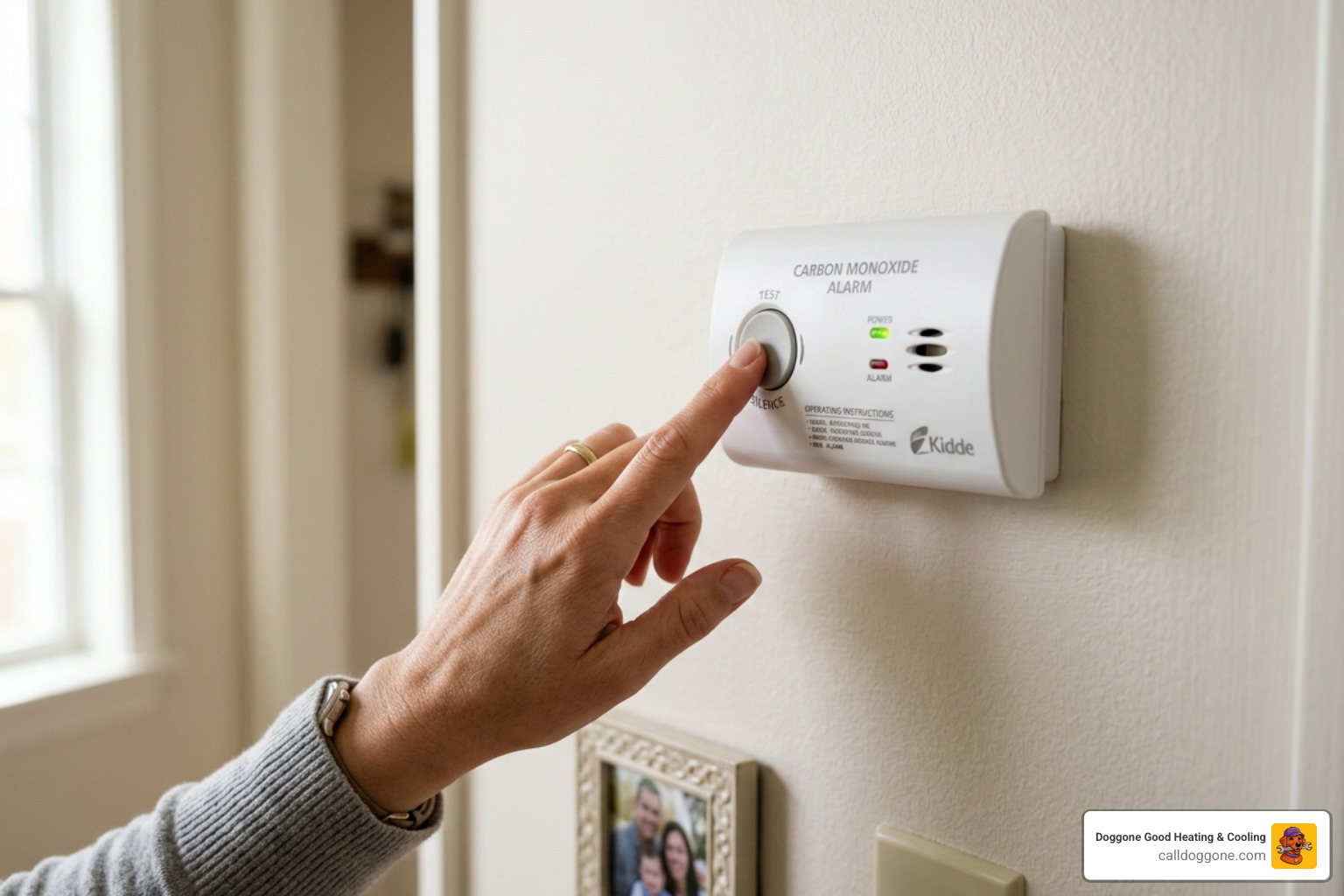 A hand pressing the test button on a CO detector - who should i get to work on my carbon monoxide detector A hand pressing the test button on a CO detector - who should i get to work on my carbon monoxide detector