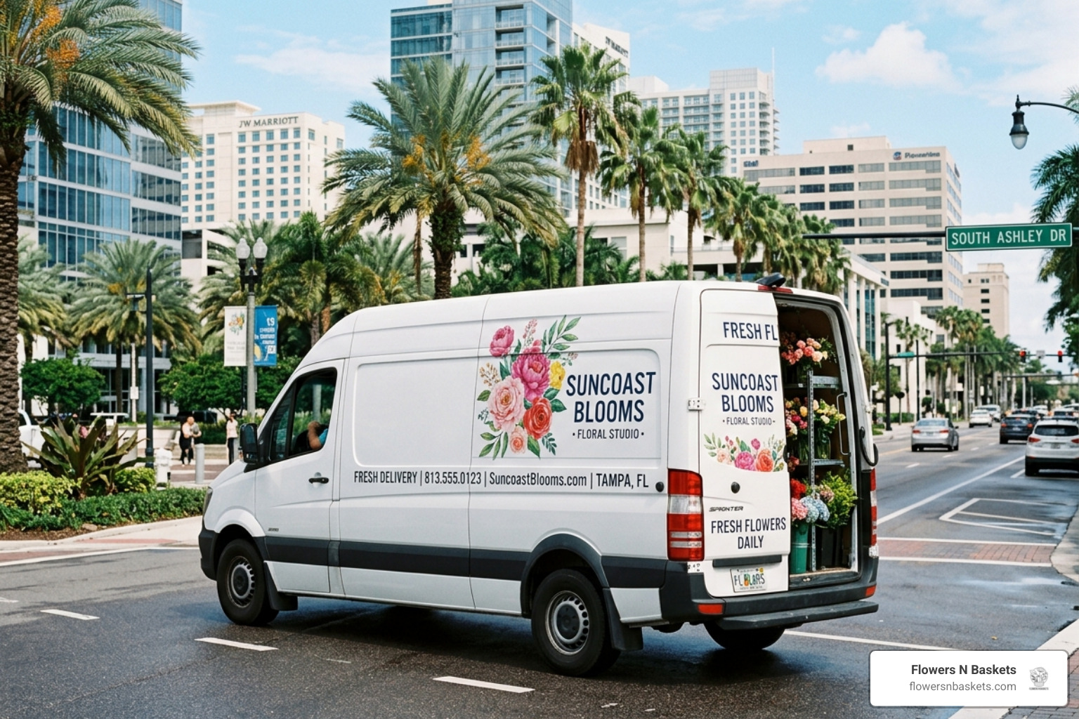 A professional local delivery van transporting fresh floral arrangements through Tampa - flower shops in tampa fl
