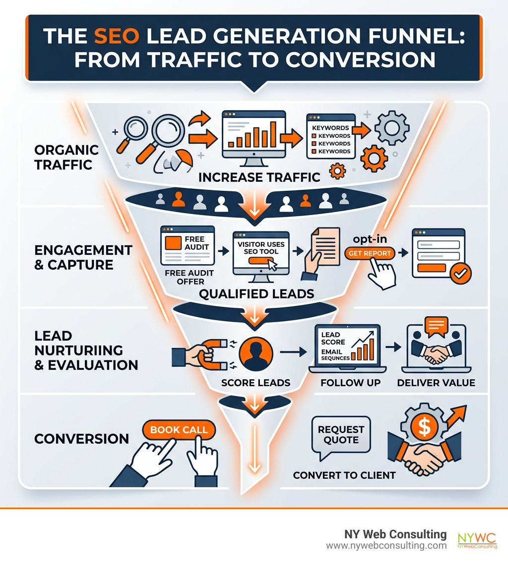 SEO lead generation funnel from organic traffic to qualified leads to conversion - seo lead generation tools infographic SEO lead generation funnel from organic traffic to qualified leads to conversion - seo lead generation tools infographic