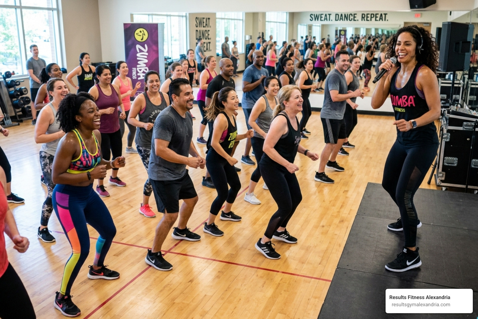 diverse group of people exercising in a high-energy dance fitness class - zumba dance classes near me