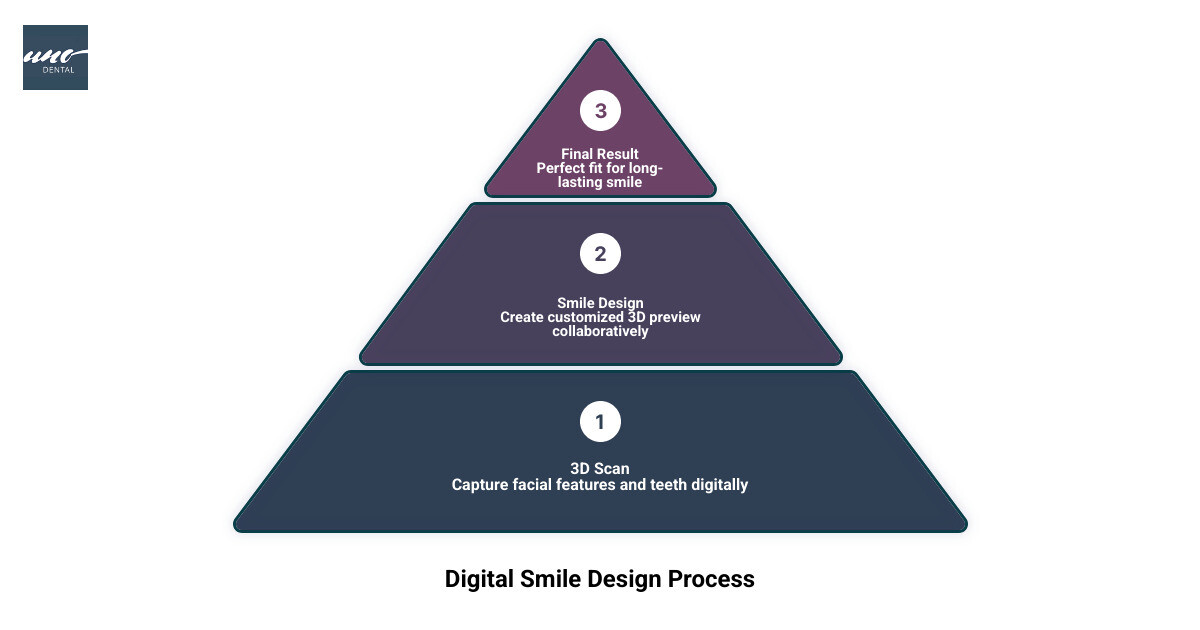 Infographic showing the Digital Smile Design process: scan, design, preview, and final result - cosmetic dentist bay area Infographic showing the Digital Smile Design process: scan, design, preview, and final result - cosmetic dentist bay area