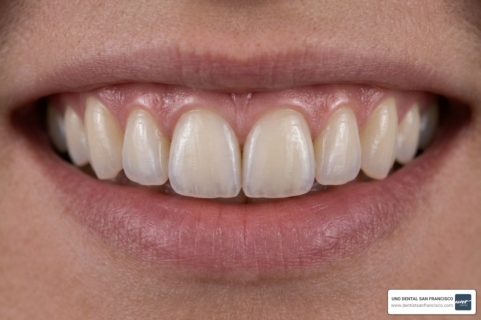 A close-up of high-quality porcelain veneers showing natural translucency - cosmetic dentist bay area A close-up of high-quality porcelain veneers showing natural translucency - cosmetic dentist bay area
