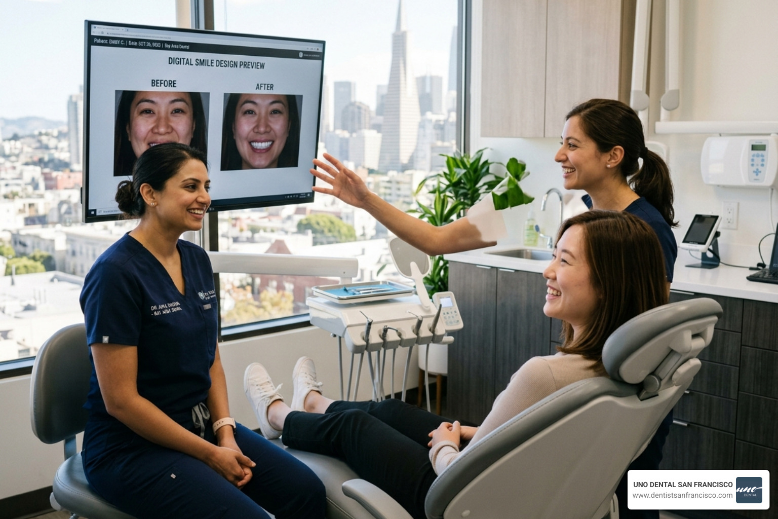 A dentist showing a patient their Digital Smile Design preview on a screen - cosmetic dentist bay area A dentist showing a patient their Digital Smile Design preview on a screen - cosmetic dentist bay area