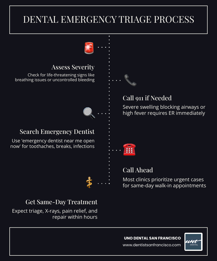 Infographic showing dental emergency triage process from symptom to same-day treatment - is there an emergency dentist near Infographic showing dental emergency triage process from symptom to same-day treatment - is there an emergency dentist near