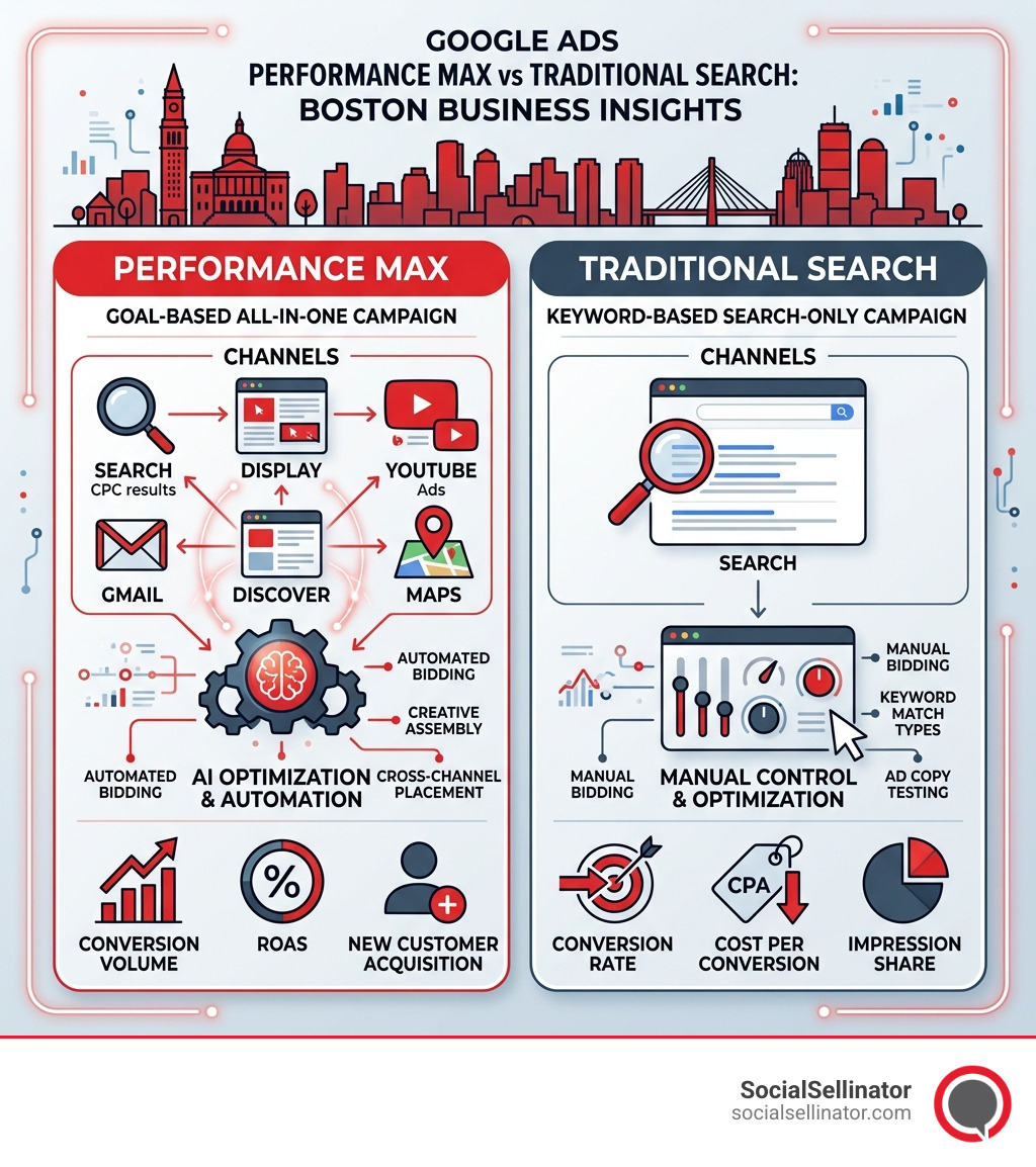 Performance Max vs Traditional Search Google Ads Boston infographic showing channels, AI optimization, and key metrics
