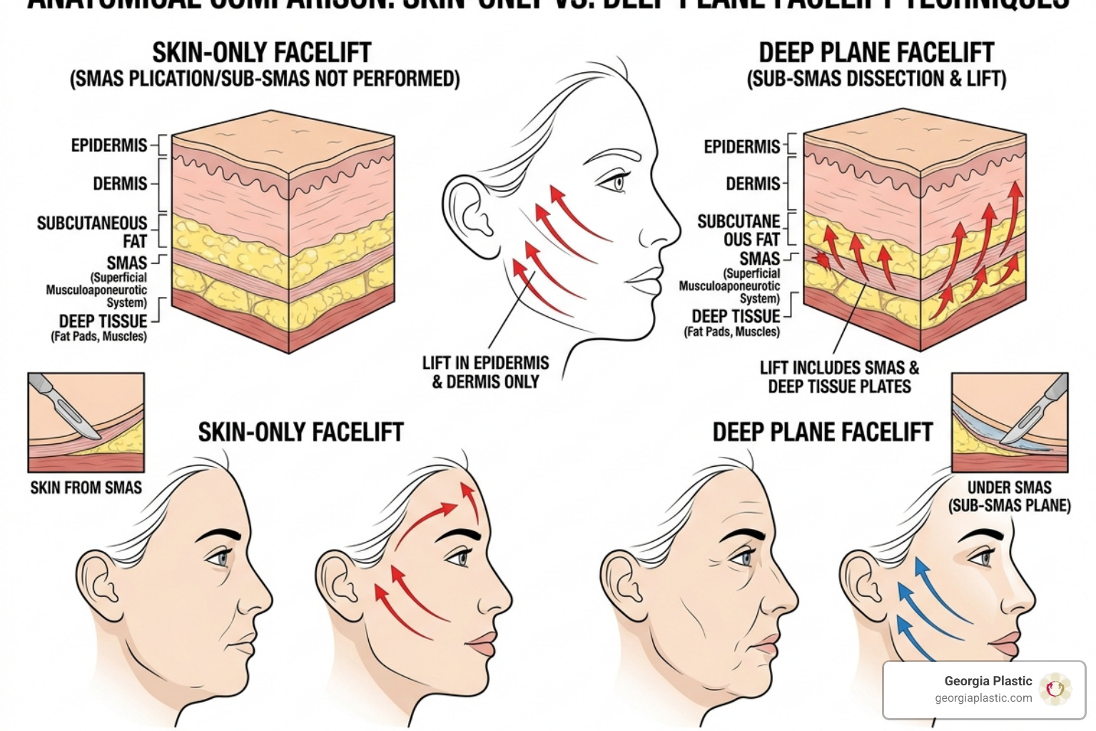 Illustration comparing skin-only facelift vs. deep plane facelift techniques - atlanta facelift surgery