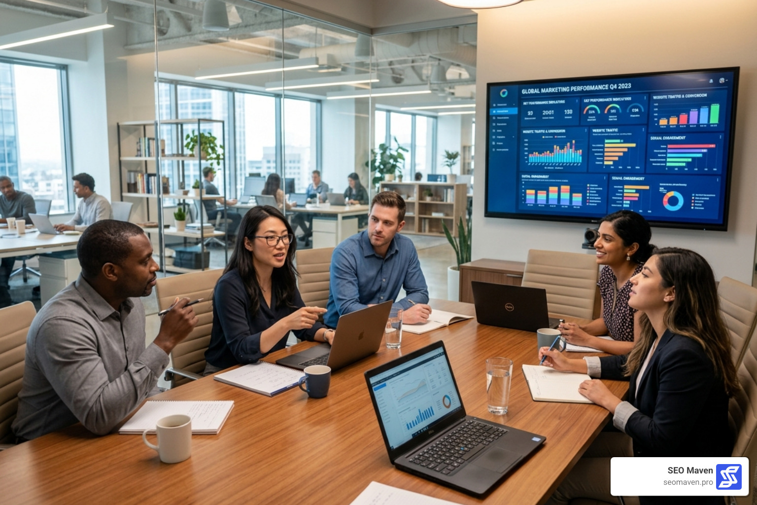 Marketing strategy meeting with a team reviewing performance dashboards on a screen - ppc advertising company