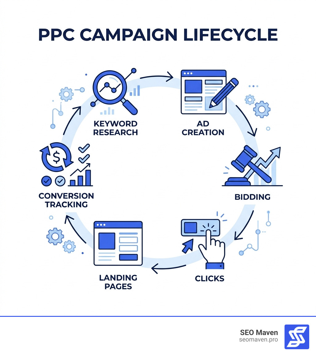 PPC campaign lifecycle infographic showing keyword research, ad creation, bidding, clicks, landing pages, and conversion