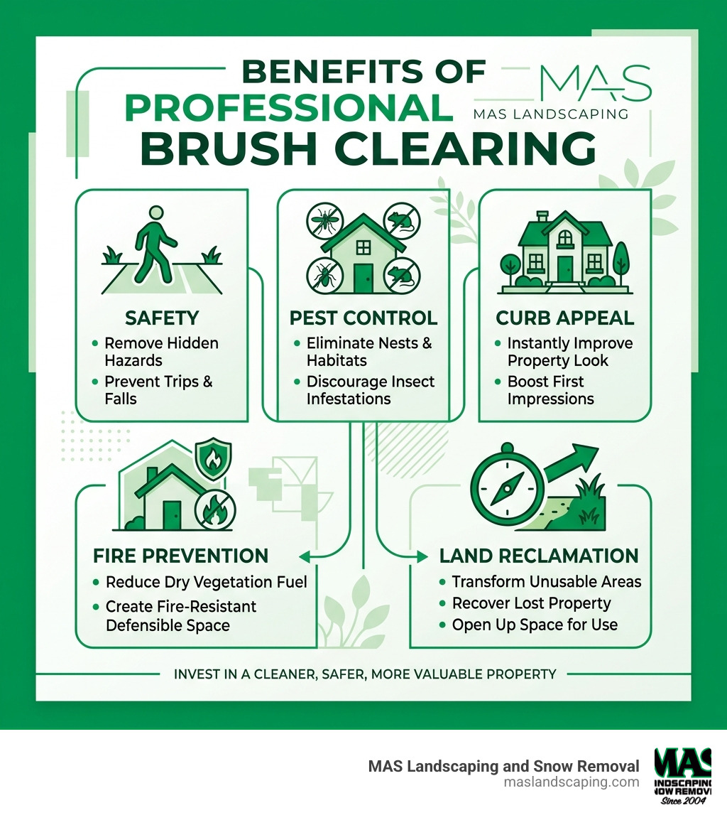 Infographic showing benefits of professional brush clearing: safety, pest control, curb appeal, fire prevention, land