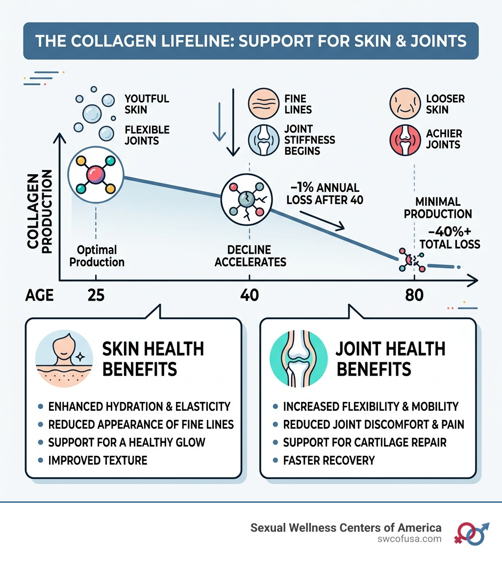 Infographic showing collagen decline by age from 25 to 80 with 1% annual loss after 40 and benefits for skin and joints