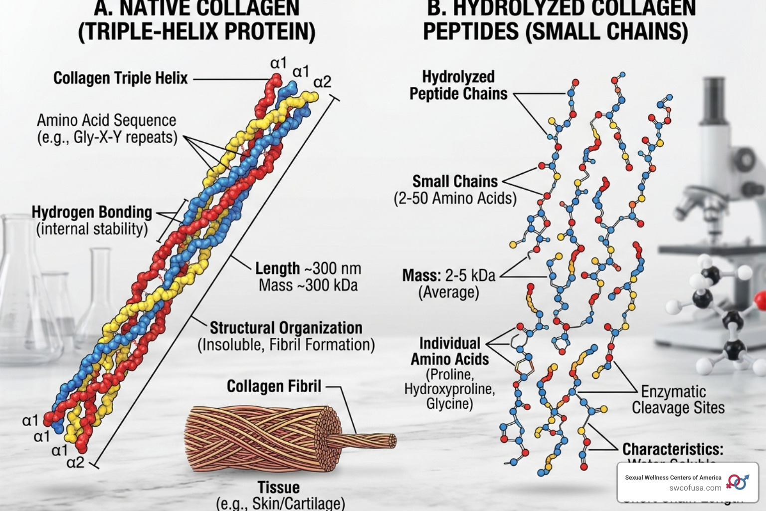 Hydrolyzed collagen peptides molecular structure vs native collagen - collagen peptides for skin & joints
