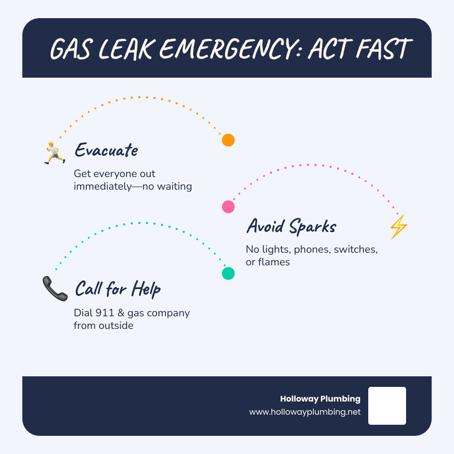 Infographic showing immediate steps to take during a gas line leak emergency - gas line leaks infographic Infographic showing immediate steps to take during a gas line leak emergency - gas line leaks infographic