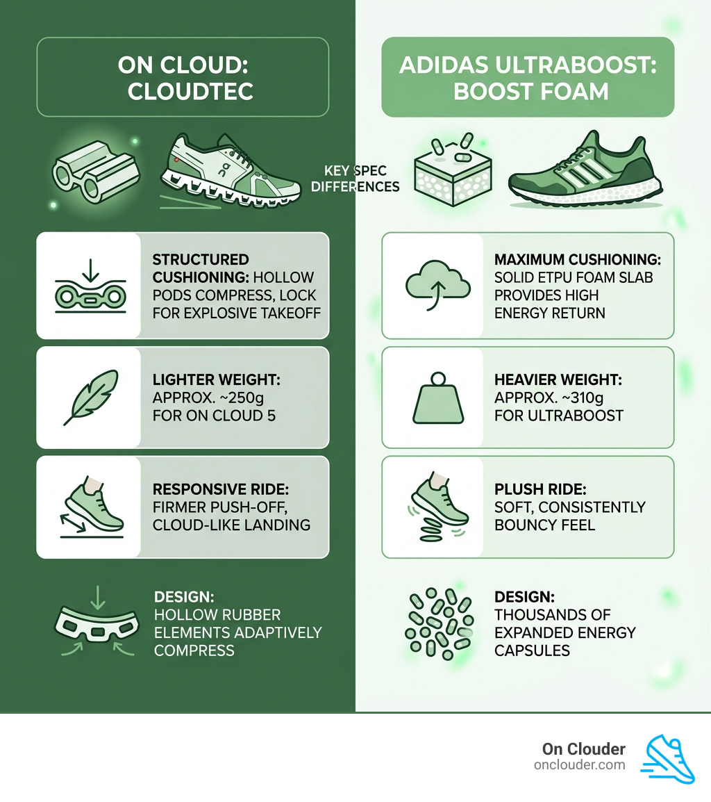 Key spec differences between On Cloud CloudTec and Adidas Ultraboost Boost foam infographic - on cloud vs ultraboost