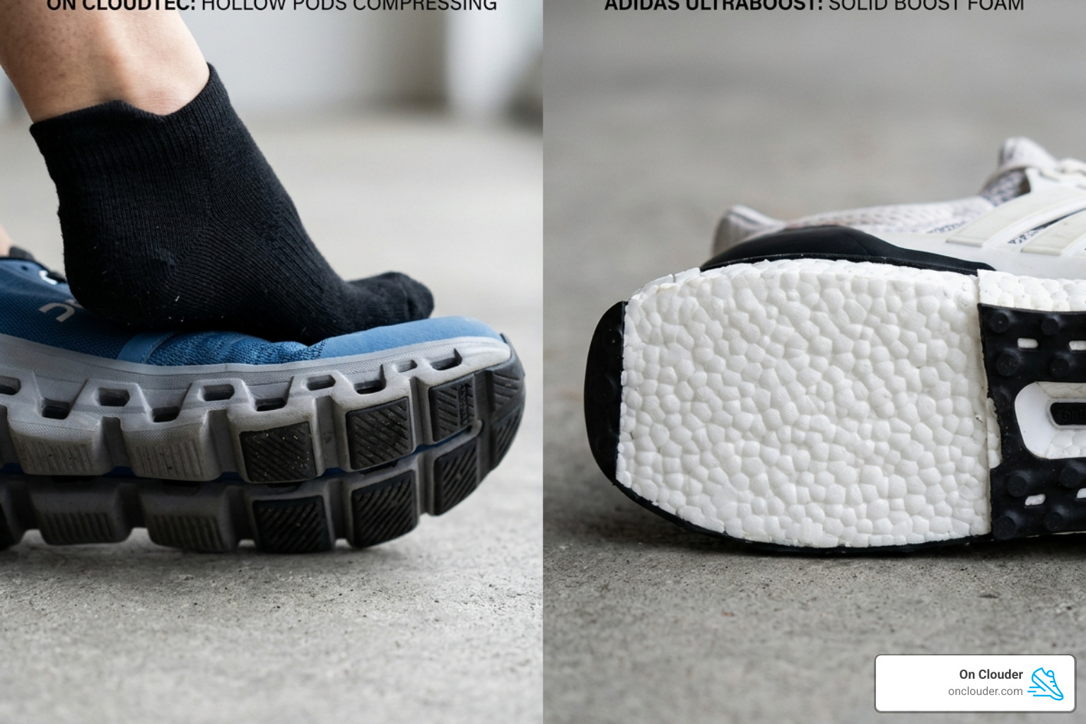 CloudTec pods versus traditional solid foam midsoles - on cloud vs ultraboost