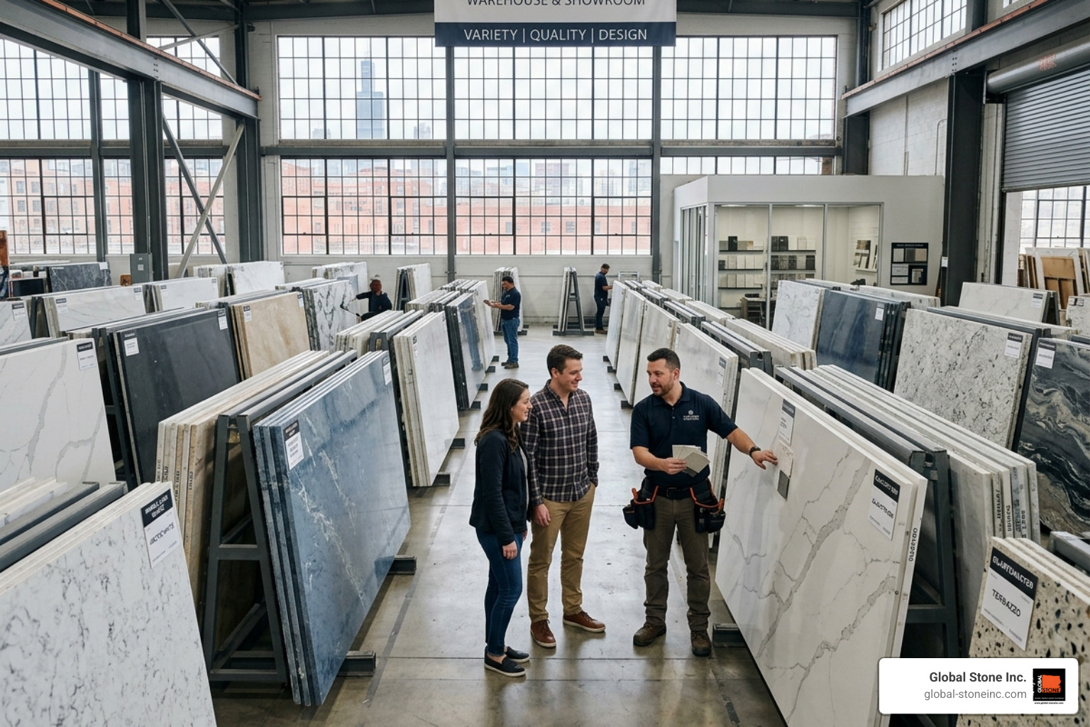 Quartz slab warehouse showing inventory variety and selection process for Chicago homeowners - kitchen quartz countertops