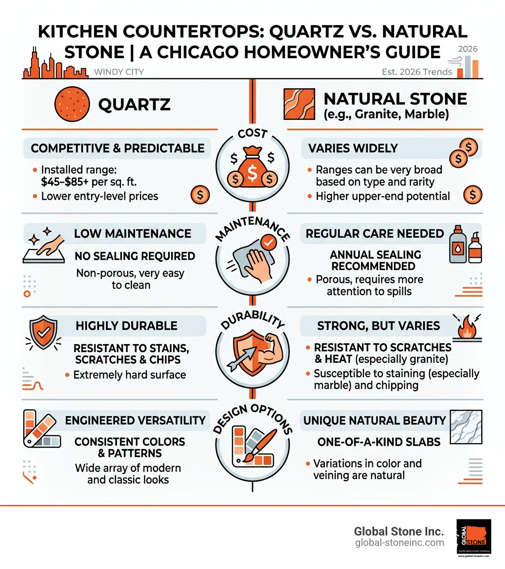 Benefits of quartz vs natural stone for Chicago kitchens: cost, maintenance, durability, design options infographic