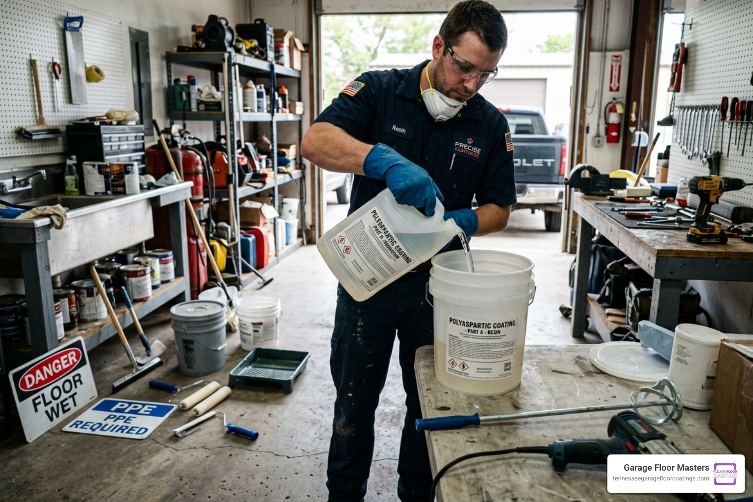 Technician mixing a two-part polyaspartic resin kit - polyaspartic concrete floor coatings Technician mixing a two-part polyaspartic resin kit - polyaspartic concrete floor coatings